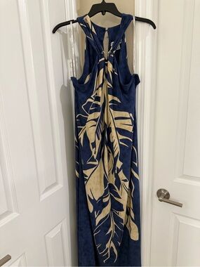 Tommy Bahama Navy Blue and Beige Tropical Leaf Maxi Dress